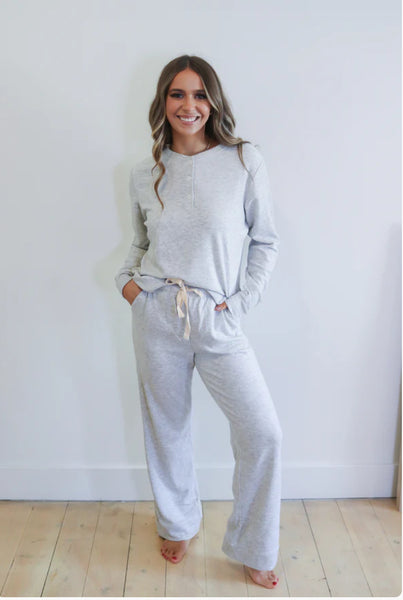 Bambie & Birdie Ladies Wide Leg Henley Set - Warm Grey