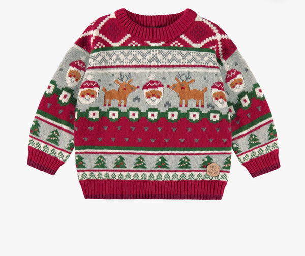 Souris Mini Red knit sweater with Festive Patterns