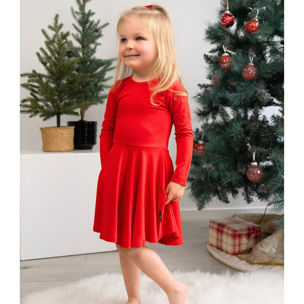Belan.J Long Sleeves Twirl Dress - Santa Red