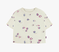 Souris Mini cream t-shirt with purple fish print and short sleeves in jersey